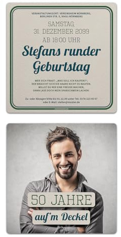 Kartenmachen.de 10 x Geburtstag Einladungskarten individuell mit Ihrem Foto und Text Quadratisch 148x148 mm mit abgerundeten Ecken - Auf'm Deckel