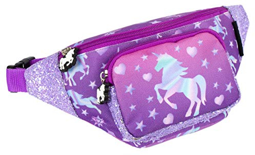 Fringoo barn midjeväska bälte magväska för flickor och pojkar 2 fack med dragkedja reseplånbok för barn glitter midjeväska höftväska, Enhörning Ombre, Regular