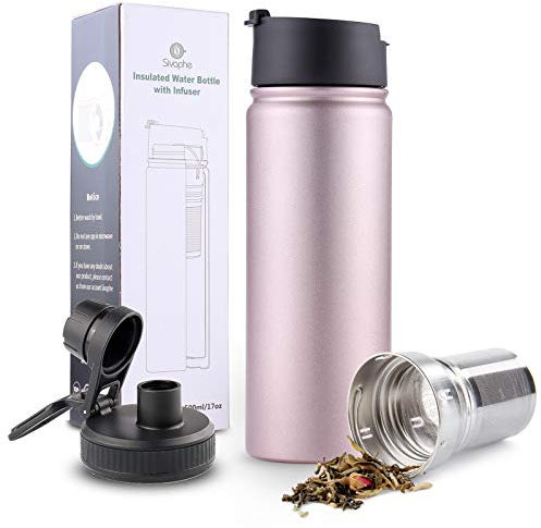 Sivaphe Tea Infuser Bottle Insulated Water Bottle Stainless Steel Drink Flasks Leak-Proof for Sports Outdoor, Double Walled Vacuum with Lids 500ml Rose Gold