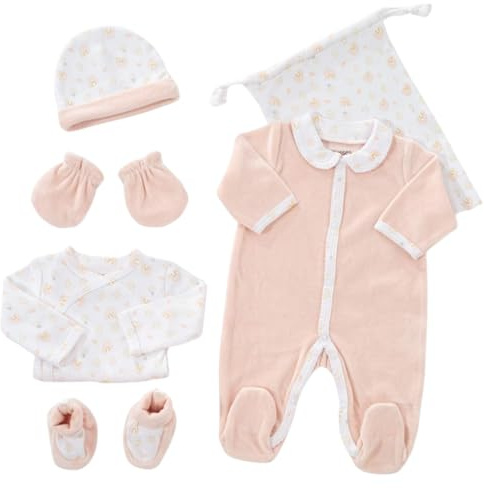 KINOUSSES - Kit de nacimiento de 6 piezas - 1 mes - Terciopelo rosa - Estampado de arco iris - (Pijama, body, gorro, manoplas, pantuflas y bolsa de almacenamiento) - Regalo para bebé niña
