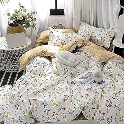 Boho Floral Bedding Set Yellow Flower Duvet Cover Blue Red Blossom Comforter Cover Botanical Country Garden Leaf Branch Quilt Cover for Kids Girls boys Women Room Decor Single Size,White Brown
