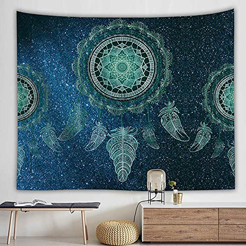 Wandteppich Traumfänger Grün Federn,Wandtuch Mandala Wanddeko Schlafzimmer Deko Boho Style Tapestry,Makramee Wandbehang Psychedelic Wand Tuch,150x100 cm