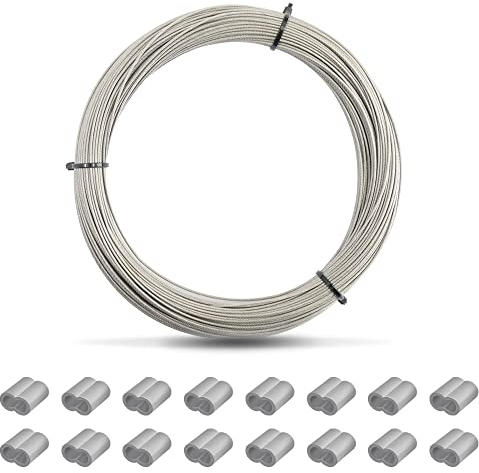 Wire Rope Kit, 50M×1MM Picture Hanging Wire, Coated Garden Wire, Stainless Steel Wire, Picture Wire Heavy Duty with 50 Pieces Aluminum Crimping Loop Sleeves (50)