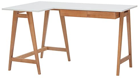 RAGABA Eckschreibtisch Luka Tisch Mit L-Form Winkelschreibtisch Schreibtisch Bürotisch Ecktisch Arbeitstisch Studie Tisch Computertisch - 135 cm + 85 cm - Linke Seite - Massivholz Esche - Weiss