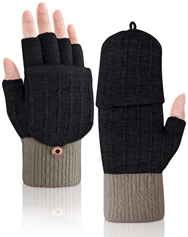 MELLIEX Fingerlose Handschuhe, Winter Halb Fingerhandschuhe mit Flip-Top Strick Thermohandschuhe für Damen und Herren