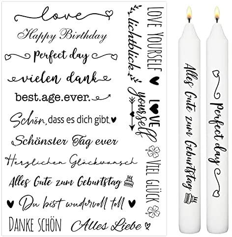 BETESSIN 5x Kerzen Tattoofolie Geburtstag Kerzenfolie für bis zu 80 Kerzen Sprüche Kerzensprüche Happy Birthday Wasserschiebefolie Kerzentattoo Kerzensticker für Kerze Tasse DIY Geschenk, Unparfümiert