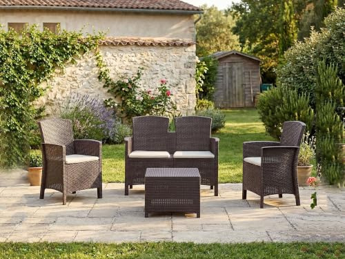Dmora - Lounge-Set für den Außenbereich Urano, Gartenmöbel-Set mit Kissen, Sitzbereich für den Innenbereich in Rattan-Optik, 100% Made in Italy, Braun