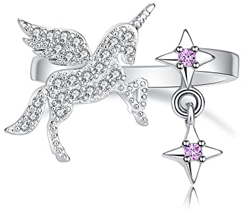 Offener Damenring aus Sterlingsilber, Kristallstern-Fringe-Anhänger, Einhorn-Ring, Ring mit Einstellbarer Größe