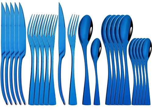 Juego de cubiertos negros occidentales, vajilla de acero inoxidable 18/10, 16/24 Uds., cuchillo, tenedor, cucharas, vajilla, juego completo de cubiertos de cocina (Color : 24Pcs Blue)