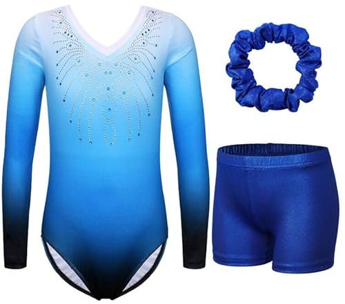 ZNYUNE Mädchen Turnanzug mit hose Haarband Set gymnastikanzug Kinder Shorts trikot turnen Ärmellos/Langarm Kleidung klassisch Turnbody B152 Blue 14A