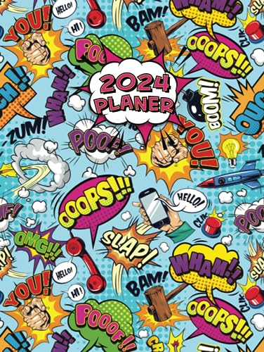2024 Planer: 1 Seite 1 Tag, Buchkalender Din A4, 12 Monate, Terminplaner mit Uhrzeit, Zusätzlich zu Feiertagen mit Comic Design