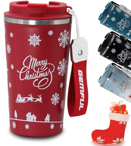 GEMFUL 510ml Stainless Steel Christmas Travel Mug. Double-Walled, Leak-Proof, Keeps Drinks Hot for Hours. A Lovely Xmas Present（Red）