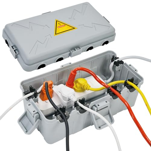 Hrensaw Medium Outdoor Electrical Box(10.6x5.5x4.5in), Weatherproof Connection Box w/6 Cable Entry, IP54 Waterproof Extension Cord Cover Protect Power Strip,Timer,Socket,Plug,Holiday Lights,Grey