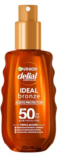 Garnier Delial Ideal Bronze Aceite Protector Bronceador en Spray. Muy Alta Protección FPS 50. Bronceado uniforme y luminoso. Realza el bronceado natural. Resistente al agua, arena y sudor. 150 ml
