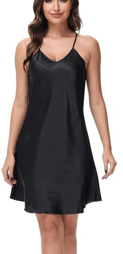 Starblazia Nattlinne för kvinnor, satin, sexig, negligé, underklänning, svart, M