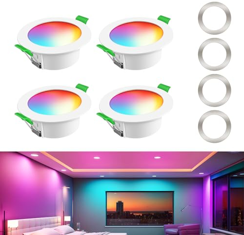 ALUSSO 4 Pack LED Ceiling Light,6W RGB WiFi Recessed Downlights Dimmable, IP44 Spotlights 3000K-6500K,APP Control for Bedroom,Kitchen,Living Room