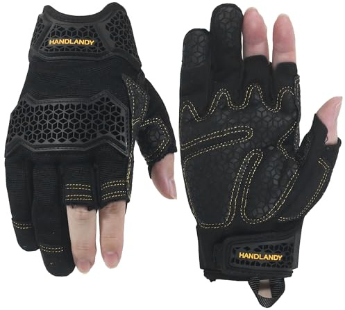 HLDD HANDLANDY Work Gloves Men - 3 Fingerless Work Gloves for Driving, Cycling, Motorcycle, Climbing, Outdoor Work