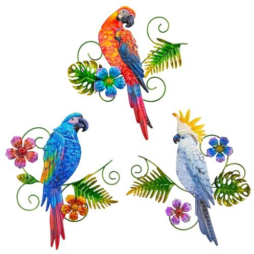 J-Fly Outdoor Decorations for Yard, Outdoor Garden Decoration, Metal Wall Art Decoration, Patio Decorations, Outdoor Metal Bird Wall Decoration, 18 Inches, Parrot Large Hanging Wall Decor, Pack of 3