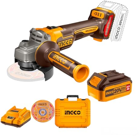 INGCO CAGLI211542 Smerigliatrice Angolare a Batteria con motore Brushless Diametro Disco 115mm Velocità a vuoto 3000/6000/9000 giri/min con 2 Batterie 20V 4.0AH + Dischi + Valigetta