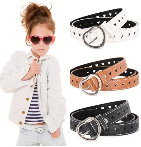KUIZHEN Kindergürtel Mädchen, 3 Stück Elastischer Gürtel Kinder PU Verstellbare Herz Schnalle Taillengürtel Gürtel Elastische für Jungen Mädchen Jeans Shorts Hosen Kleid