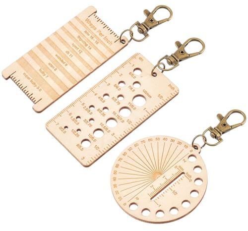BENECREAT 3Pcs Mini Wooden Knitting Needle Gauge Keychains, Yarn Wrap Guide Board Knitting Tool, Embroidery Floss Organizer Card, Multifunctional Ruler with Alloy Clasp for Crochet DIY Sewing