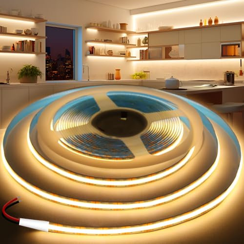 KSIBNW Ruban LED COB 12V, Bande LED 5M Blanc Chaud 3000K Lumineuse LED Découpable Bandeau Largeur 8mm 320LED/M CRI>90 Flexible Ruban Eclairage Intérieur pour Chambre, Cuisine, Sans Alimentation