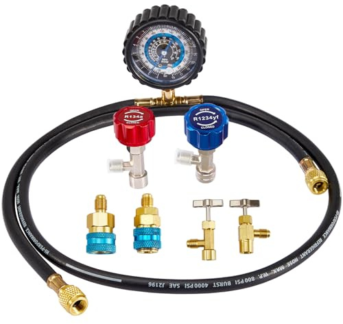 Pindex Kit de Recarga de Refrigerante R1234YF R134A R404A, AC Doctor para Recarga de Aire Acondicionado Coche, kit Manometro con Adaptador de Acoplamiento Rápido