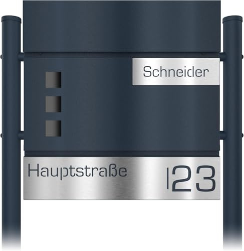 Graviers Design Briefkasten mit Standfuß Anthrazit RAL 7016 freistehend - Sichtfenster Postkasten personalisiert Edelstahl Name Straße Hausnummer Laserschnitt Gravur mit Schloss Zeitungsfach