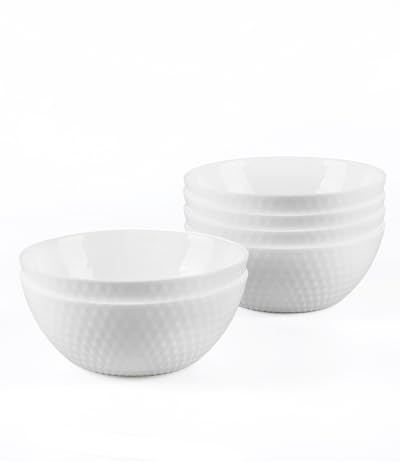 LaGlint 6 inch Cereal Bowl Set of 6 20 oz (568 ml) White Faceted Opal Glass | ideal for breakfast, cereal, soup & rice, microwave & dishwasher safe, lightweight tableware, geometric design