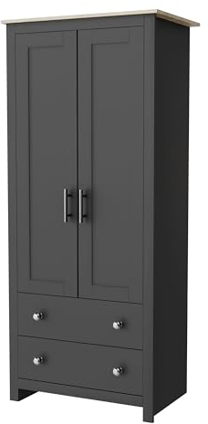 Nera 2 Door Wardrobe with Drawers and Hanging Rail Oak Coloured Top Slim Wardrobes for Small Bedrooms Storage (Grey on Oak)