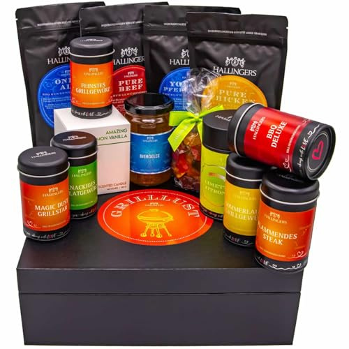 Hallingers Genuss Manufaktur Feinkost Geschenk-Set - XXL-Geschenkkorb Grilllust großes Grillparty-Mitbringsel Gewürz, Rub, Biergelée, Eistee, Kerze & mehr, Geschenkidee für Frauen Männer
