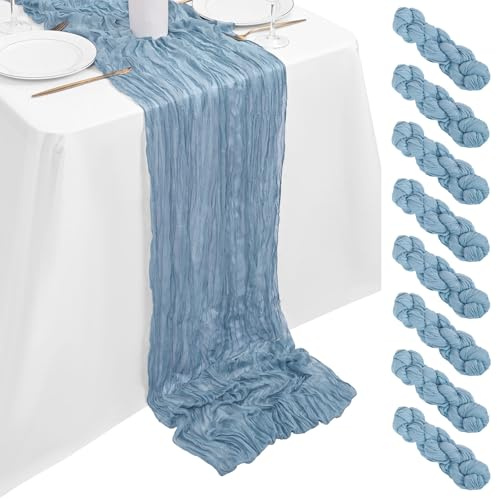 8 Stück Käsetuch Tischläufer Staubig Blau 90x300cm, Käsetuch Rustikaler Staubig Blau Rustikaler Gaze Stoff Transparent Boho Hochzeit Tischdekoration für Hochzeitsempfang Brautdusche Babyparty