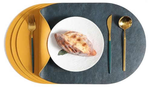 Komforbaa 4er Set Platzsets Oval, Japanischer Stil Tischsets aus Kunstleder, Doppelseitig Blau & Gelb, Abwischbar Hitzebeständig rutschfest, Elegante Tischmatten für Esstisch Küche & Outdoor
