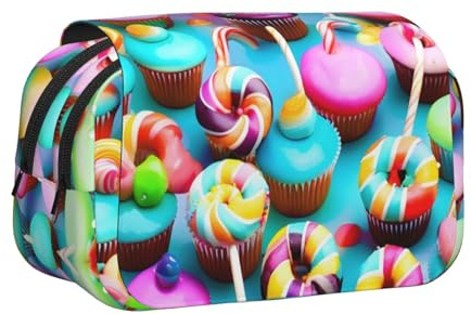 Astuccio per penne a conchiglia con stampa a forma di ciambella e lecca-lecca, con tasche con cerniera, grande capacità per forniture artistiche e viaggi