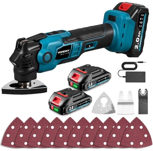 Yofidra Akku Oszillationswerkzeug, Oszillationssäge mit 2 x 2000-mAh-Akkus, 5.500–19.000 U/min, 6-Stufen 3,5° Oszillationswinkel, LED-Licht, Multifunktionswerkzeug zum Schleifen, Schneiden und Schaben