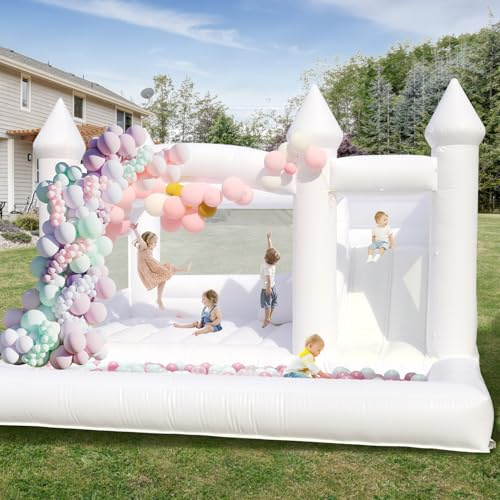 Weiße aufblasbare Hüpfburg mit Gebläse, Rutsche, Trampolin und Bällebad, für Indoor & Outdoor, Garten, Hochzeiten und Kindergeburtstage, 400 x 400 x 300 cm