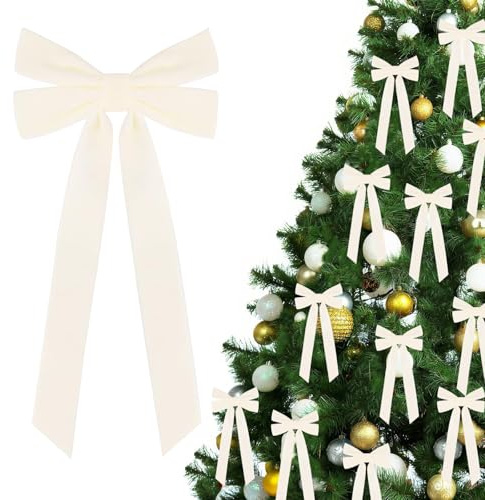 Nymora 12er Doppelschicht weißer Samt Schleifen Weihnachtsbaum, 5 Zoll x 12 Zoll Weihnachtsbaum Dekoration Schleifen für zu Hause Tür Girlande Geburtstagsfeier Weihnachtsdekoration (Beige)