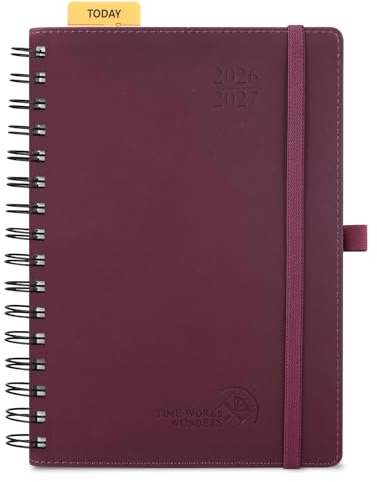 POPRUN Lehrerkalender 2026 2027 Spiralbuch ca.A5(21 x 14,8cm) auf Deutsch | Lehrerplaner für Lehrerinnen und Lehrer,mit Monatliches Register,Schulplaner mit PU-Leder Softcover(Weinrot)