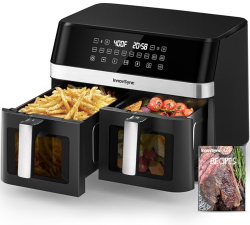 12QT Large Dual Air Fryer, 10-in-1 Double Zone Airfryer with 2×6QT Baskets, 60° Easy-Panel with Full Touchscreen, SyncCook Function, Viewing Window, Nonstick & Dishwasher Safe, 2 Dishes at Once, Black