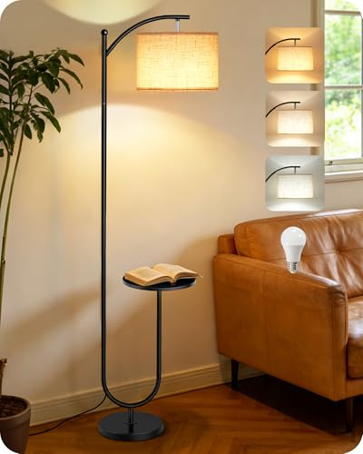 GOEBLESON Lampadaire avec Table d’Appoint, 3 Températures, Mémoire, Tête Orientable, Abat-Jour en Lin Naturel, Interrupteur au Pied, pour Salon, Chambre, Bureau, Marron Rustique et Beige FE22LDD05
