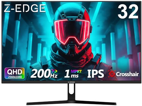 Z-Edge 32 Zoll Gaming Monitor QHD 200Hz 2K 2560x1440, MPRT 1ms, IPS Panel, 300cd/m² Helligkeit, 100% sRGB, FreeSync, Fadenkreuz, DP1.4 (200Hz) & HDMI2.0 (144Hz), VESA Kompatibel, Schwarz