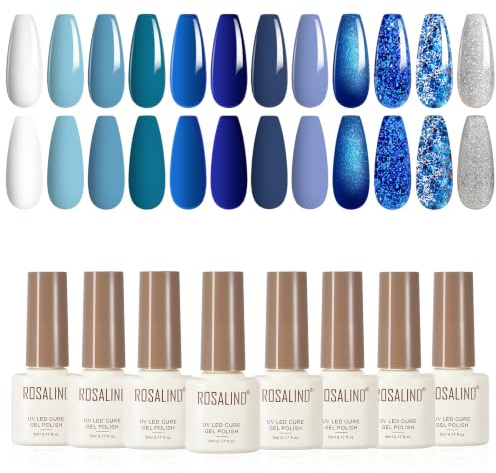 ROSALIND UV nagellack i 12 färger, blå, mörkblå, glitter, gel, nagellackset | Klassisk blå mörkblå gelnagellack, flera valmöjligheter, perfekt presentval för nybörjarproffs