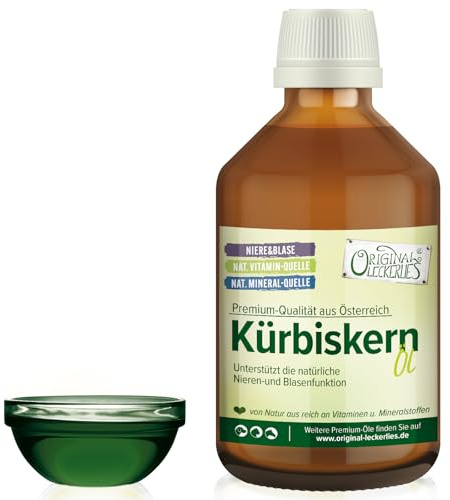 ORIGINAL LECKERLIES® Kürbiskernöl 250 ml in brauner Apotheker-Glasflasche, kaltgepresst, nat. Vitamine, Lebensmittelqualität, natürliche Unterstützung der Blase, Naturprodukt für Hunde, Katzen, Pferde