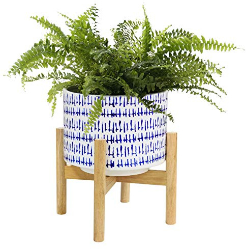 LA JOLIE MUSE Blue Planter with Stand - 7.3 Inch Retro Round Decorative Flower Pot Indoor with Wood Planter Holder, Blue and White, Home Decor Gift