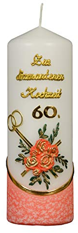 Meissner-Handel Auswahl * Stumpenkerze ''Zur Diamantenen Hochzeit'' * 6 x 18 cm * orange * mit farbigen Wachsauflagen * (Motiv 004) Auswahl Motiv + Farbe