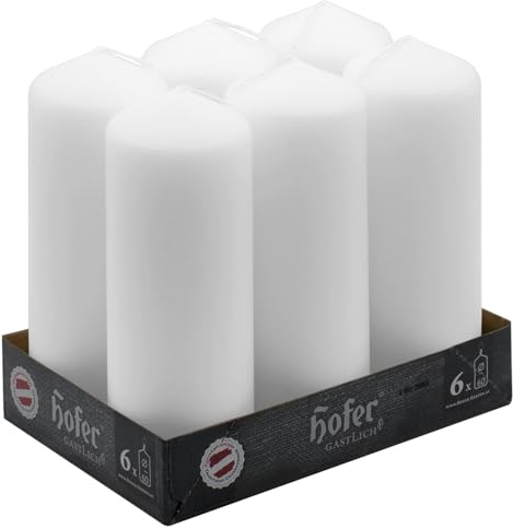 Hofer - Stumpenkerzen, 6 Stück, Lange Brenndauer ca. 54 Stunden, Farbe Weiß, 6 cm x 16,5 cm, kein Duft, Geruchsneutral Tropffrei Wachskerzen, Hergestellt in Österreich