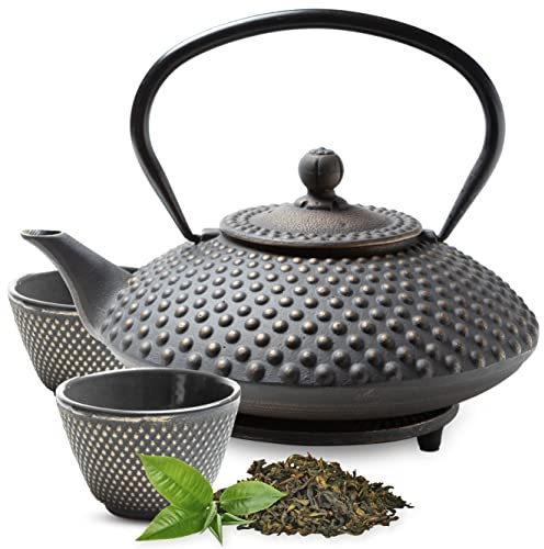 Tealøv TEEKANNE GUSSEISEN SET 1,25 L IN GESCHENKBOX | Komplettes Teeservice aus Gusseisen | Gusseiserne Teekanne mit Siebeinsatz, Teetassen & Untersetzer | Teeset im Japanischen Stil | Schwarz/Gold