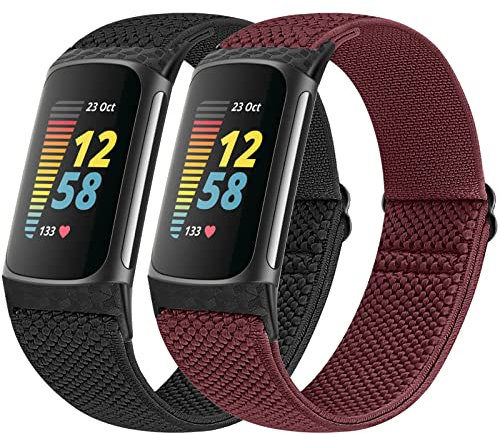 Vodtian Elastic Straps Only Compatible with Fitbit Charge 6/ Charge 5 Strap, 2 Pack Stretchy Adjustable Nylon Loop Braided Replacement Sport Wristband for Charge 5/Charge 6 Activity Tracker Women Men