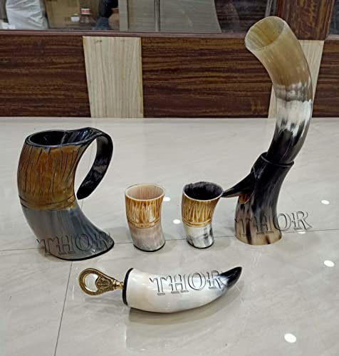 Tasse en corne à boire avec support – Citerne – Décapsuleur – Verre à shot style viking pour bière, vin, hydromel – Cadeau rustique vintage pour décoration d'intérieur