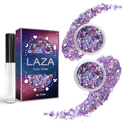 Laza Body Glitter, 2 Jars Iridescent Chunky Sequins with Glitter Glue | Perfect for Women Eyeshadow Makeup Face Paint Festival Rave Outfits Hair Accessories Carnival Party - Colorful Purple